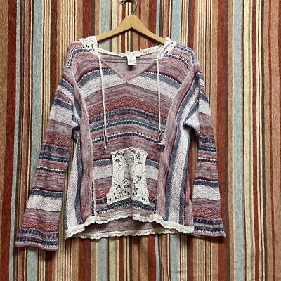 American Rag Cie Womens M Hoodie Striped Lace Boho Pullover Drawstring  Beach - Main Image