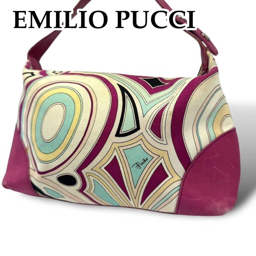 Emilio Pucci Pouch Pink White Multicolor Leather Strap JAPAN Emilio Pucci Pouch Pink White Multicolor Leather Strap JAPAN