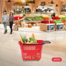 35L 6Pcs Shopping Carts with Wheels & Handle, Red Shopping Basket Plastic