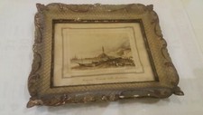 quadro antico  cornice stuccata e stampa Genova Veduta della Lanterna