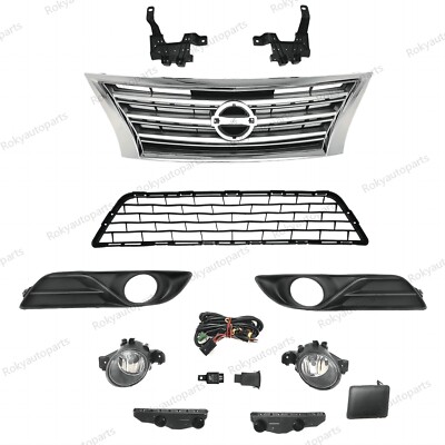 For Sentra 2013-2015 Bumper Upper Chrome Grille/Lower Mesh/Fog light Kit/Bracket