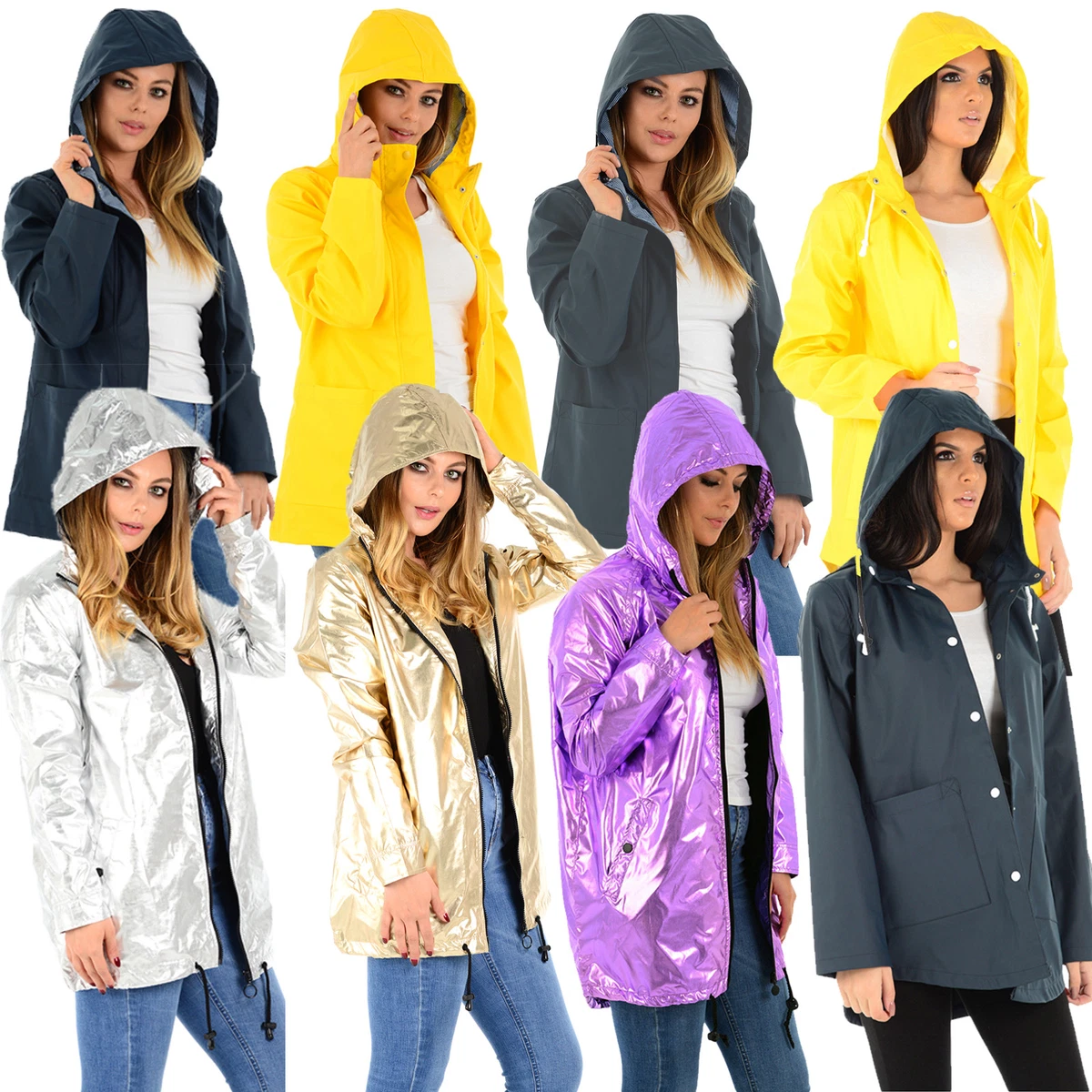 Ladies Womens Girls Rain Coat DESIGNER PU PVC Hoodie Parka Jacket WindBreaker