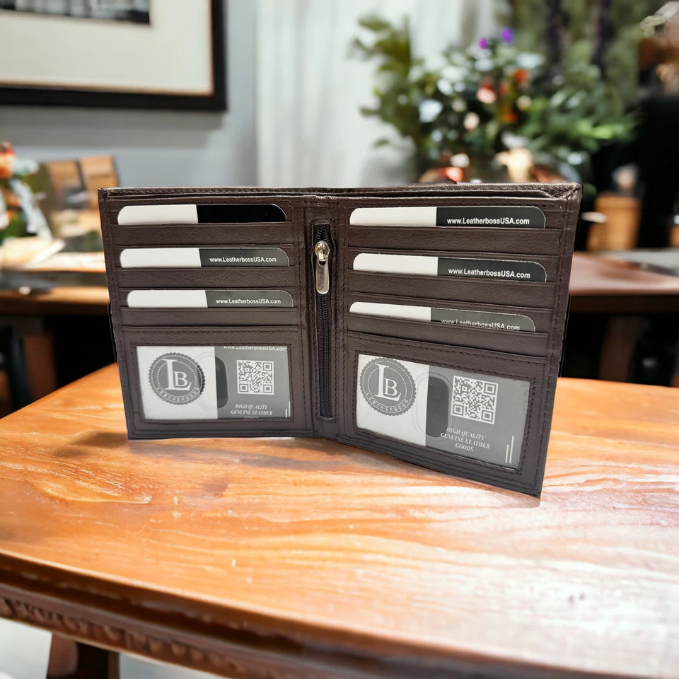 Billetera Doble Plegable Hipster Europea Cuero Genuino Bloqueo RFID Tarjeta de Crédito 2 ID  Foto 2 de 4