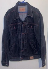 Guess Denim Jacket Vintage Black Trucker Hip Hop 90’s Mens 3XL Red Stitching