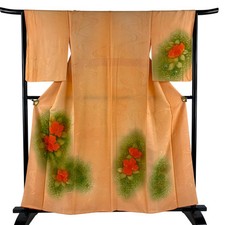 Silk Kimono Overlay M Orange Floral Pattern Used 158cm Length 64.5cm Sleeve
