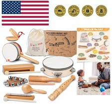 Wooden Toddler Musical Instruments with Drum, Hand Bells, Flute, Maracas, Cas...