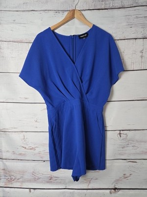 Sugar + Lips Womens Romper Blue V-Neck Faux Wrap Shorts Summer Party Back Zipper