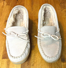 My Slippers Women s Size 9 Beige Leather Moccasin Faux Fur Lined Slipper