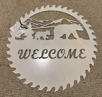 Metal Bear Welcome Sign Powder Coated White