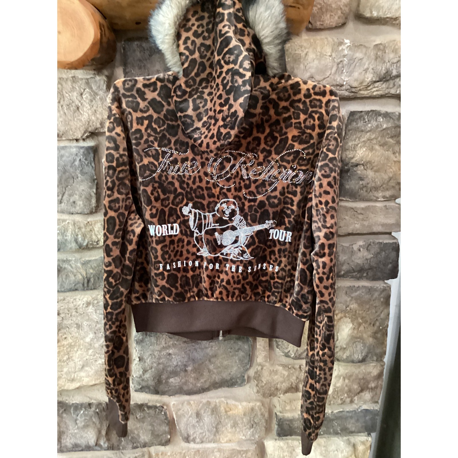 True Religion Leopard Crystal Velour Shrunken Hoodie Faux Fur Trim Brown Small image 5