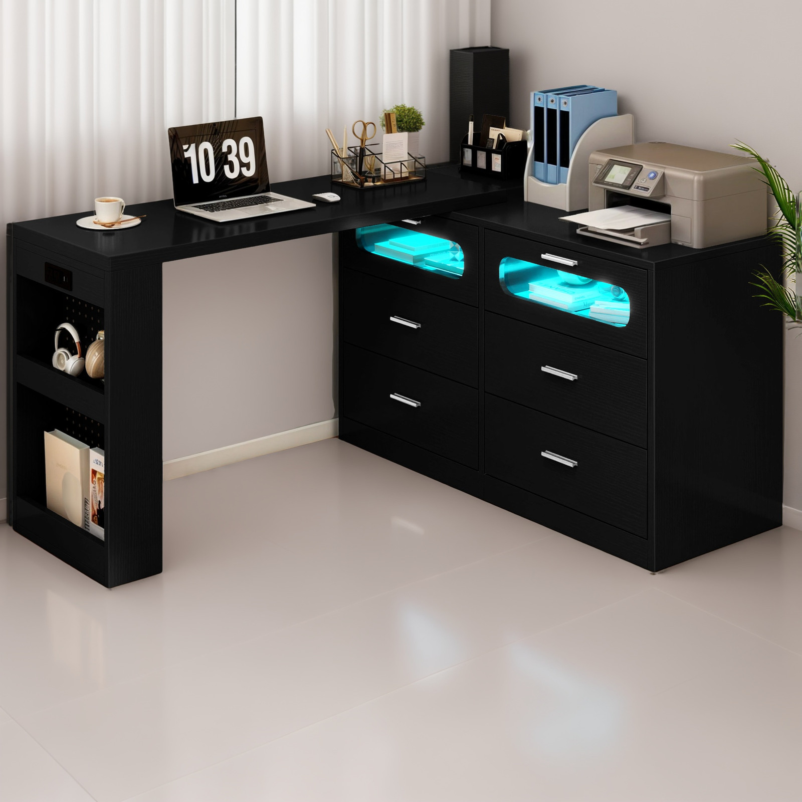 360° Rotatable LED Corner Desk with Power Outlets & Storage Drawers