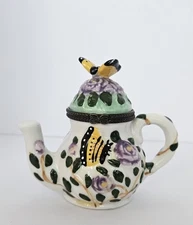VTG Floral Tea Pot Butterfly Monarch Jewelry Porcelain Trinket Box w/Hinged Lid.