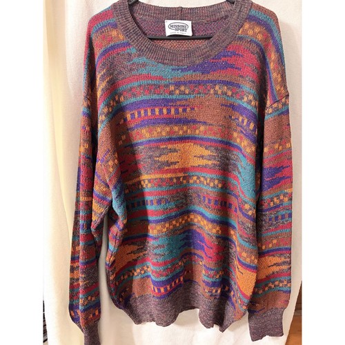 Missoni Sport, Vtg 90s Missoni Sport Multicolor Knit Sweater XXL Made in Italy Abstract Crew