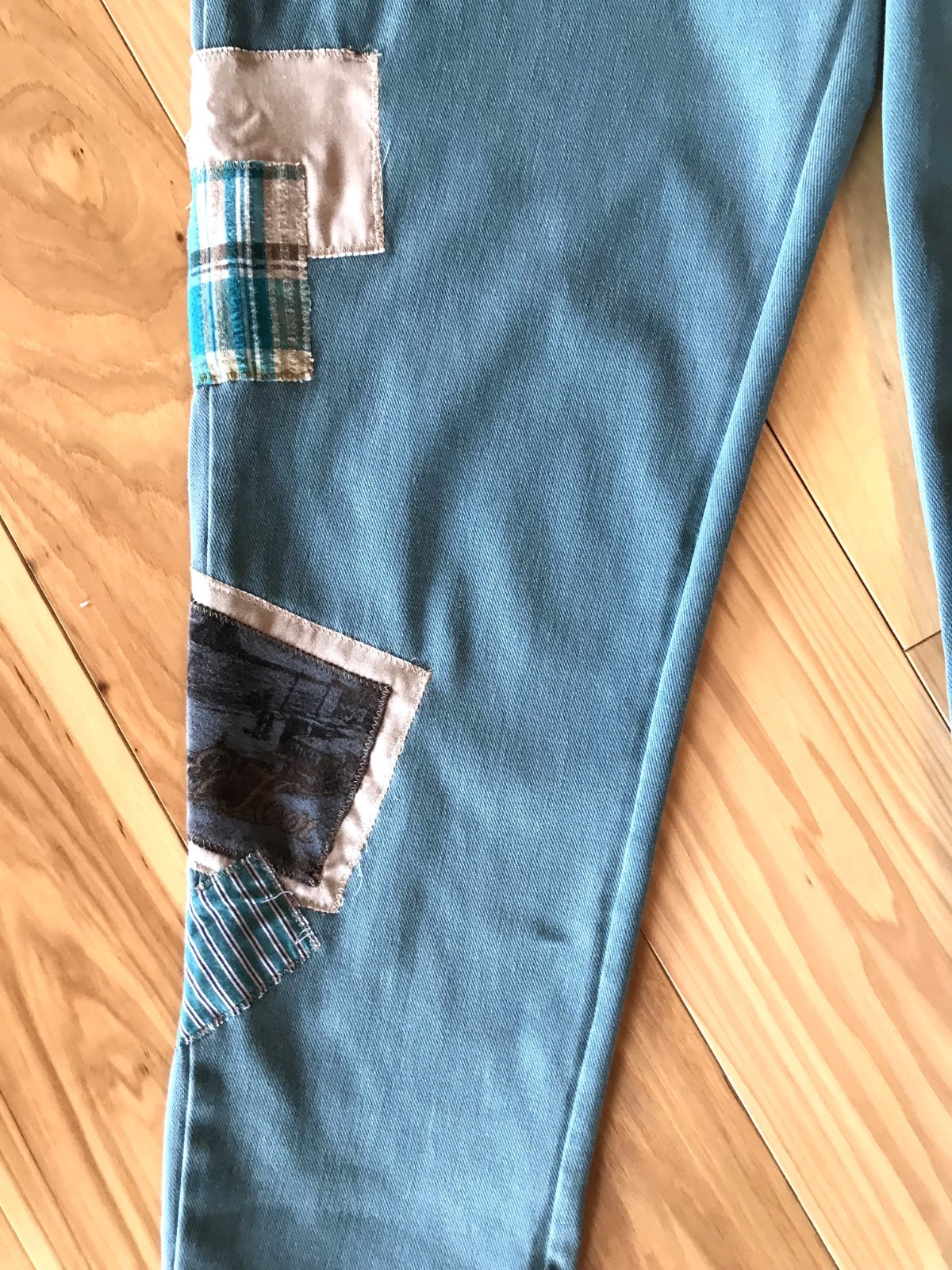 Upcycled Patchwork Cropped Pants, Boho Teal Stret… - image 6