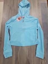 Juicy Couture Bling Velour Hoodie Size Medium. Baby Blue. Y2K