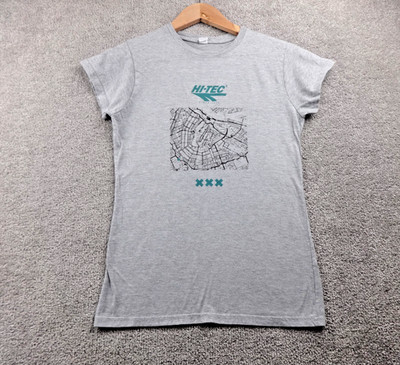 Hi-Tec T-Shirt Damen Medium Grau Logo Karte Print Ring Spun Baumwolle Freizeit Tee Neu