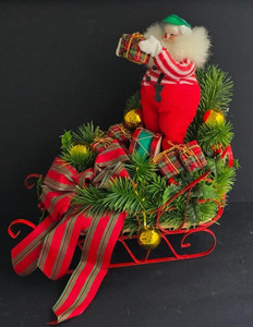 VINTAGE ROC TAIWAN JOLLY ST. NICK SANTA CLAUS SLED GIFTS RIBBON ORNAMENTS 12"