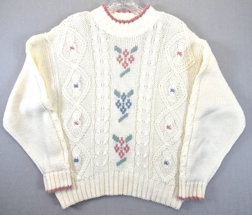 Gina Peters Sweater Women's Large Cream Cable Knit Floral Mock Neck Pullover