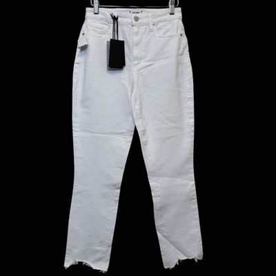 Paige Womens Accent Ultra High Rise Straight Jeans 27 Crisp White Destroyed Hem