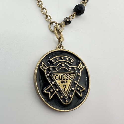 32” Guess Gold Tone Black Enamel Black Acrylic Bead Station Necklace - Picture 4 of 6