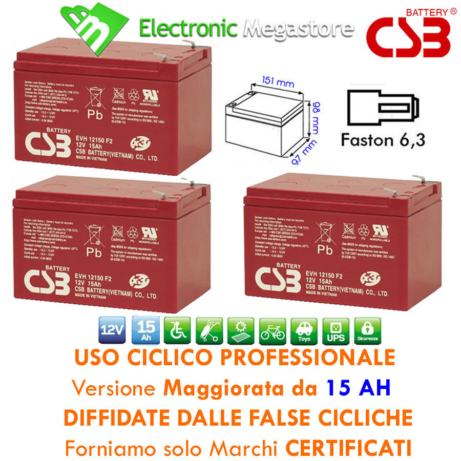 Batterie 12V 15Ah Cicliche 6-DZM-12 LP12-12 - Kit 3 Pezzi Offerta