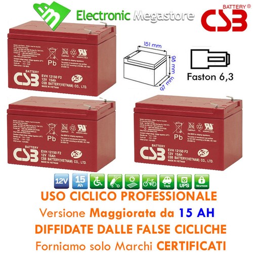 3 Batterie al piombo ad uso ciclico 12v 15Ah per bici elettrica da 36v |  eBay