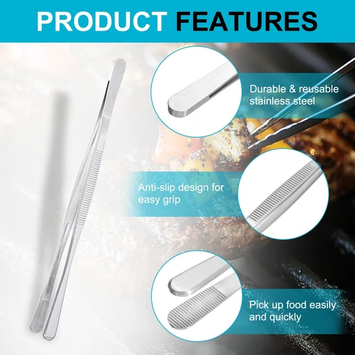 2Pcs Kitchen Tweezers Stainless Steel 8 Inch Food Tongs Silver Straight Clip - Picture 4 of 6