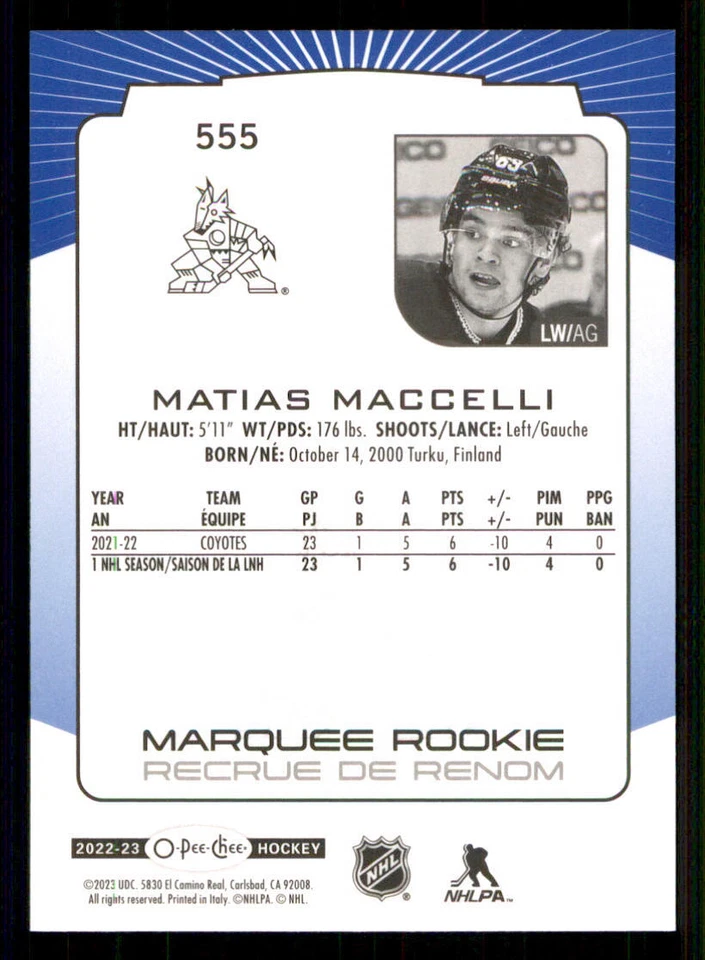 2022-23 O-Pee-Chee Blue #555 Matias Maccelli - Image 2 of 2