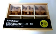 Brookstone Brain Teaser Puzzles 6 Pack Wooden Box New