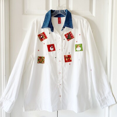 Ugly Christmas Womens Shirt Holiday Patches Button Down Long Sleeve White S-XL | eBay Ugly Christmas Womens Shirt Holiday Patches Button Down Long Sleeve White S-XL | eBay