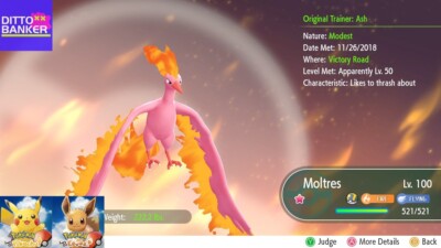 Pokemon Let's Go Pikachu/Eevee ✨SHINY MOLTRES Lv100 6IV/AV SHINY