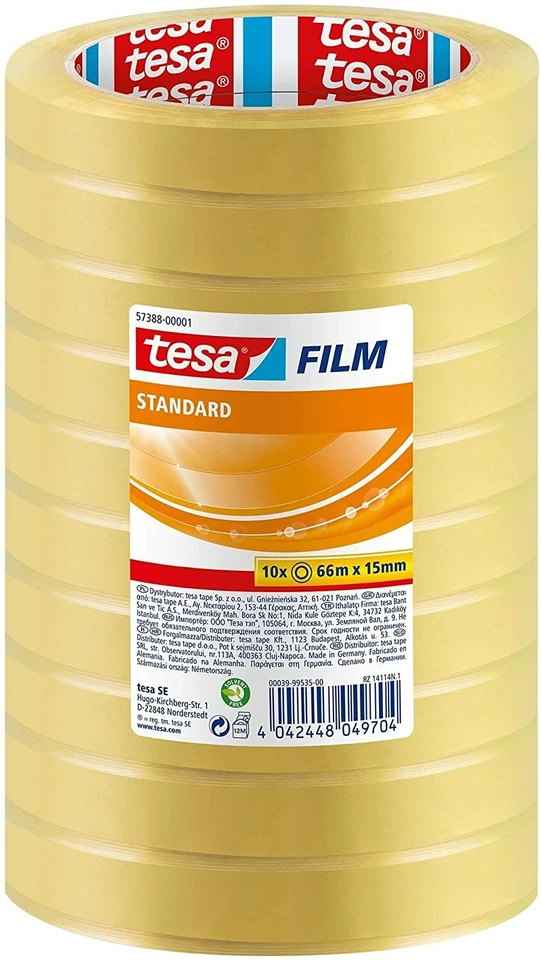 10x Tesafilm Transparentes Klebeband für Heim- Schul Office 57388 66 m x 15 mm