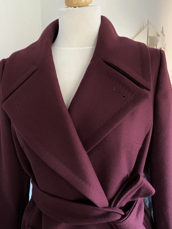 Abrigo Ted Baker Rosiey Púrpura Profundo Borgoña Lana y Cachemira Largo con Cinturón Talla 1 UK8 Foto 3 de 4