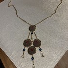 Incredible Etruscan Revival Vintage Tassel Necklace Gold Blue Rust Round Beaded — photo 2