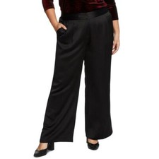 Vince Camuto Dress Pants Black Wide Leg Front Pleat Satin Trouser Pockets 16W
