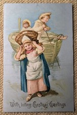 Christmas Girl & Boys Fishing Boat, Silver BG, Chromo, Stewart & Woolf PC 1900s