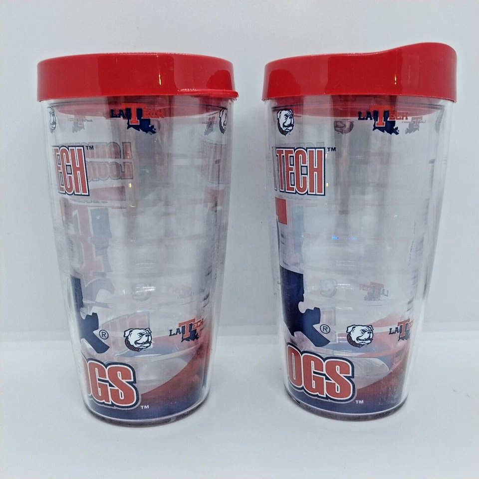 Louisiana Tech 16 OZ Vaso Vintage Wincraft Lote de 2 con Tapa Hecho en EE. UU. Foto 4 de 4