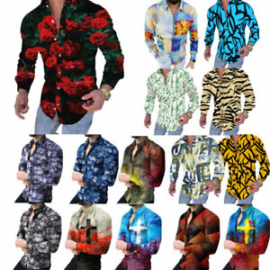 Cross Button Down Shirt Men Baroque Printing Hawaiian Long Sleeve Luxury Tee Top