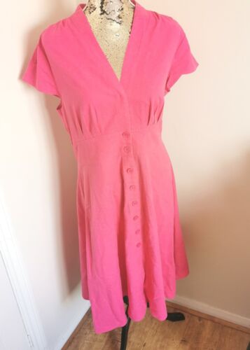 Joe Browns Midi Kleid UK16 Leinenmischung Knopfleiste 40er Jahre Stil Passform Flare Hot Pink - Bild 1 von 10