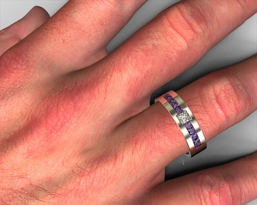 Men's Bezel 1.66CT Princess Cut Purple Amethyst & White Sapphire Fabulous Band - Picture 2 of 7