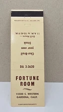 Vintage Matchbook Cover FORTUNE ROOM Restaurant Gardena California CA Monarch