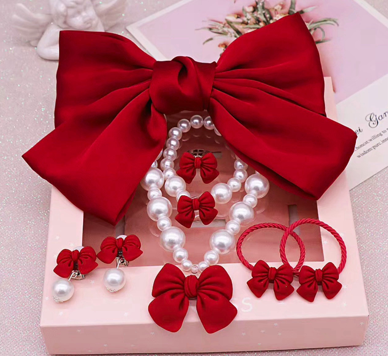 Girls Red & White Solid Elastic Bow Hair Accessory Set, Faux Pearl, Party