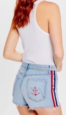 MOTHER SUPERIOR Easy Does It Track Stripe Denim Shorts Thanks Again Racer Sz 24