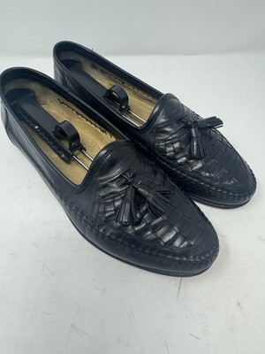 Santoni Black Woven Leather Tassel Loafers 9.5 D Made in Italy   Handcrafted
