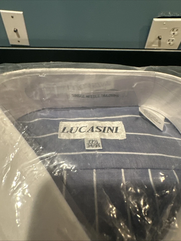 Camisa de vestir Lucasini azul a rayas talla 17,5/34-35 vintage manga larga para hombre NUEVA Foto 2 de 4
