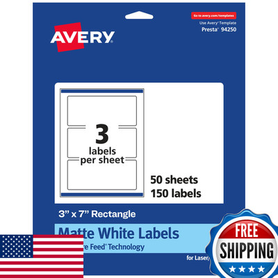 Avery Matte White Rectangle Labels, Sure Feed Technology, 3'' x 7'', 150 Matte Whi