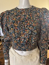 Zara Floral Cotton Fitted Waist Puffy Shoulder Long Sleeve Sz Small