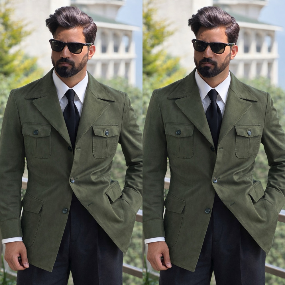 Multi Bolsillos Hombres Safari Chaquetas Verde Salvaje Deportes al Aire Libre Usar Caza Abrigos