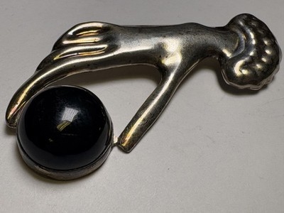 Vintage TAXCO Mexico Sterling Silver Hand Holding Black Onyx Ball Brooch Large