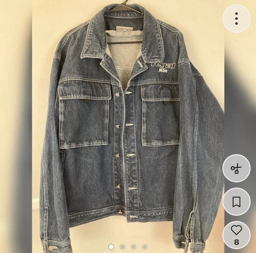 Regal Jean Men's Blue Denim Jacket Button Front Embroidered Logo Mid-Length